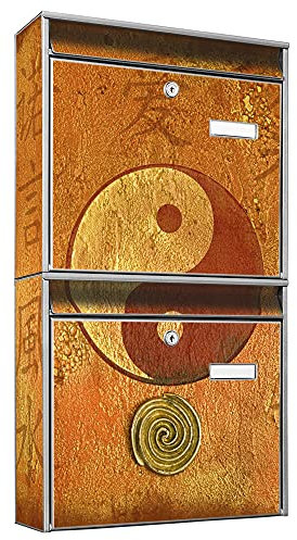 banjado Briefkastenanlage 2 Fach - 2 Briefkästen 36x64x10cm groß - Doppelbriefkasten Set - Namensschild, 2 Schlüssel, Montagematerial - Stahl verzinkt Silber - Motiv Yin Yang
