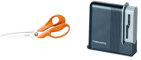 Fiskars Ciseaux de tailleur, Longueur totale: 27 cm, Acier inoxydable, Classic, 1005145 & Aiguiseur à ciseaux, Pour ciseaux de droitier, Pierre à aiguiser en céramique/Support plastique, Noir/Gris