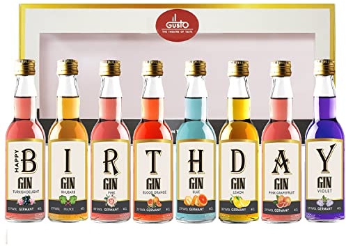 Premium Miniature Flavoured Gin Tasting Gift | Birthday Printed Selection Box | 40ml Each (Pack Of 8)… | Ideal birthday present featuring a curated variety of small spirit bottles. A unique present for gin lovers to sample.