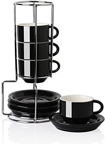 Sweejar Home Porcelain Espresso Cups with Saucers, 70ml Stackable Cappuccino Cups with Metal Stand for Coffee Drinks, Latte, Tea - Set of 4 (Black)