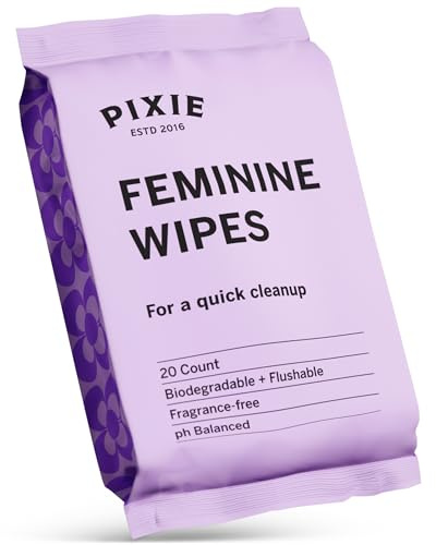 Pixie Menstrual Cup Wipes - On The Go Public Bathroom Wipes for Feminine Care - Safe On Period Cups & Menstrual Discs - Biodegradable, Flushable, pH Balanced & Unscented (20 Count)