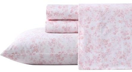 Laura Ashley Home Queen Sheet Set, Soft Sateen Cotton Bedding Set - Sleek, Smooth, & Breathable,Bella Pink