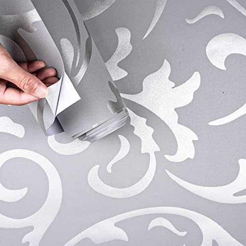 Kmiles Silver Grey Peel and Stick Wallpaper, 20.8 x 393 Non-Woven 3D Modern Print Fashion Wallpapers (Flower)