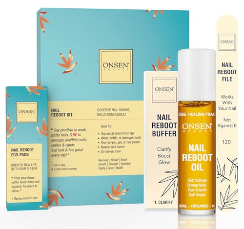Onsen Secret Japanese Nail Reboot Cuticle Oil Kit | Nail Buffer and Shine Kit w/Professional Nail File, 3-Way Buffer Block & Free Replacement Pads | Nail Strengthening Combo for Healthy Nails, 1pk