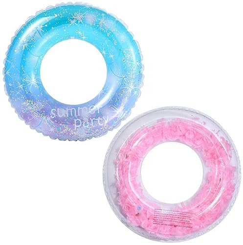 2 st simringar för vuxna och barn över 8 år, rosa fjäderfylld och blå glitter simring pool strand uppblåsbar flyta