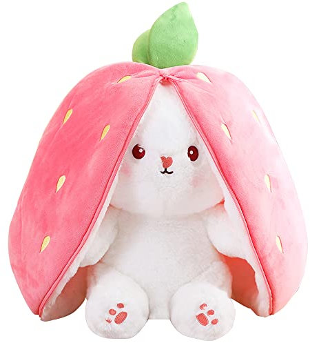 Poywuo Kaninchen Plüschtier,Erdbeeren/Karotten verwandeln Sich in Hasen Kuscheltier Osternhase Plüsch Wurfkissen Home Decor Geschenk für Weihnachten Geburtstag (Erdbeer Kaninchen, 18CM)
