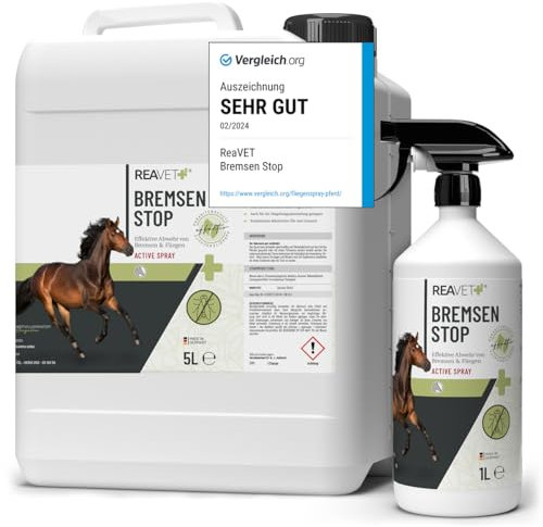 ReaVET Bremsen Stop **TESTSIEGER** Fliegenspray Pferde XL Set 6 Liter inkl. Sprühflasche, Insektenspray mit Sofortschutz & Pferdepflege, Bremsenspray Bremsenblocker gegen Fliegen