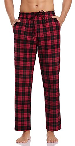 Litherday Pyjamasbyxor, herr, långa pyjamasbyxor, rutiga nattkläder, byxor av bomull med elastisk midja, fickor, 1 st röd + svart, XL