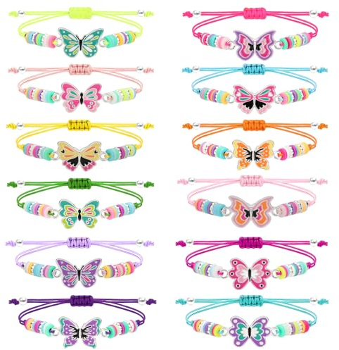 Soleebee 12 Stück Freundschaftsarmband Kinder Einstellbare Geflochten Armbänder, Bunte Perlen Armbänder Set Kinderschmuck Als Geschenk für Mädchen Kinder Mitgebsel Geburtstag Party (Schmetterling)