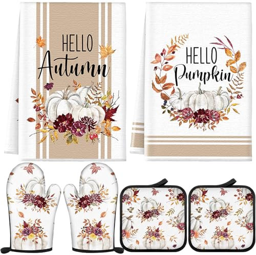 Bencailor 6 Pcs Fall Kitchen Towels Pot Holders and Oven Mitts Set