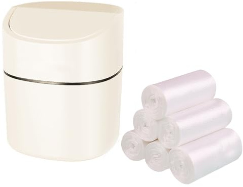 Mini Desk Trash Can with Lid, Tiny Countertop Garbage Can, Small Swing-Lid Table Top Trash Bin, Removable Plastic Desktop Waste Basket with Trash Bags 180Pcs for Vanity Bathroom Bedroom Office Car