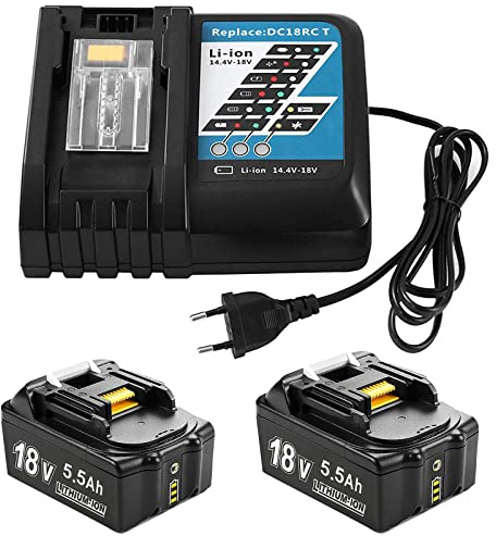 BATTOOL 2X 18V 5500mAh ErsatzAkku für Makita 18V Akku mit DC18RC Ladegerät Kompatibel mit BL1860 BL1860B BL1850 BL1850B BL1840 BL1830 BL1820 LXT400 DC18RA DC18RC DC18RD