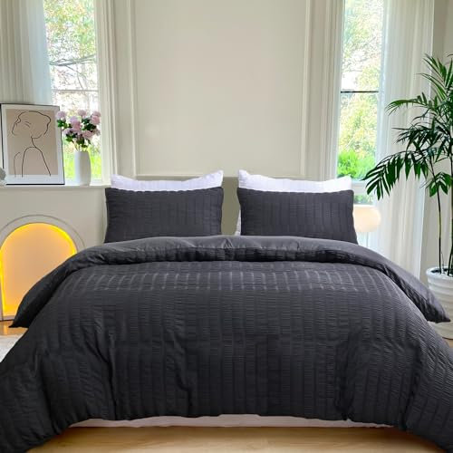 Gezu Seersucker Bettwäsche 135x200cm 4teilig Schwarz Wendebettwäsche Streifen Geprägt Streifen Bettwaren-Set Gebürstet Komfortabler Weiche Bettbezug mit Reißverschluss und 2Kissenbezug 80x80cm