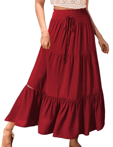 Genfien Dam kjolar elastisk hög midja maxikjolar för kvinnor 2 i 1 vintage maxikjol sommar långa klänningar elegant A-linje strandkjol, Röd fast, one size