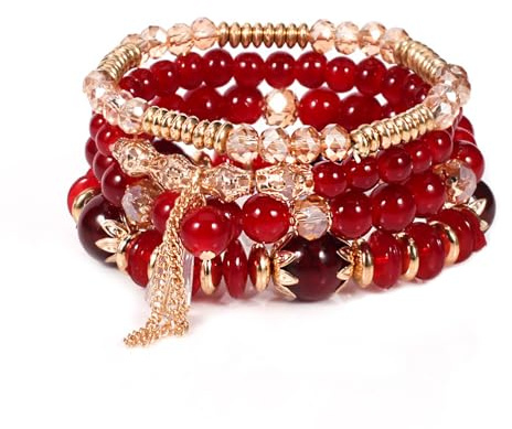 APMGONT Boho Kristall Perlen Armband, 4 Stück Boho Quaste Armbänder für Damen, Natürliches Kristall Heilsteine Armband, Statement Armreifen für Weihnachten, Valentinstag, Geburtstag