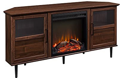 RAABYU Meuble TV d'angle Moderne avec cheminée et côté incliné pour téléviseurs jusqu'à 10015 - Noyer foncé