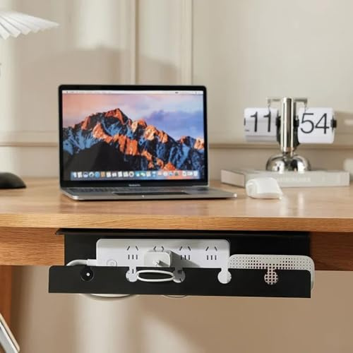 Kabel-Management-Tablett aus Kunststoff, Aufbewahrungsregal, Steckdose, Sortierregal oder Computertisch, TV-Ständer, Werkbank, ohne Bohren (schwarz)
