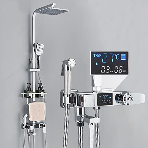 Completo doccia termostatico cromato, set rubinetto doccia con display digitale, soffione doccia a pioggia con doccetta, beccuccio per vasca, spruzzatore per bidet, miscelatore per doccia da bagn