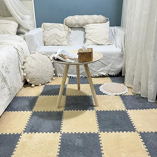 10 PCs Flauschige ineinandergreifende Teppichfliesen mit Rand, Spielenmatte Plüschschaum -Quadratbodenmatten, ineinandergreifende Rätselfliesen, Bodenschutz