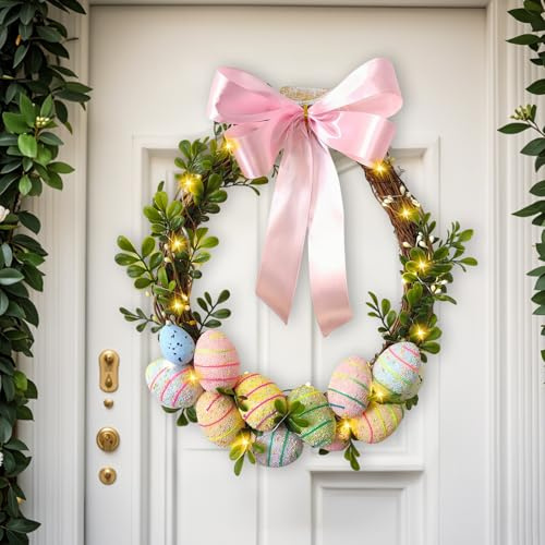Osterkranz mit LED Licht, 40CM Türkranz Ostern Oster Kranz Haustür mit Eier Blumen Osterhase Deko Türkranz Frühling Osterdeko Hase zum Aufhängen Osterkranz Deko für Tür Wand Fenster (A)