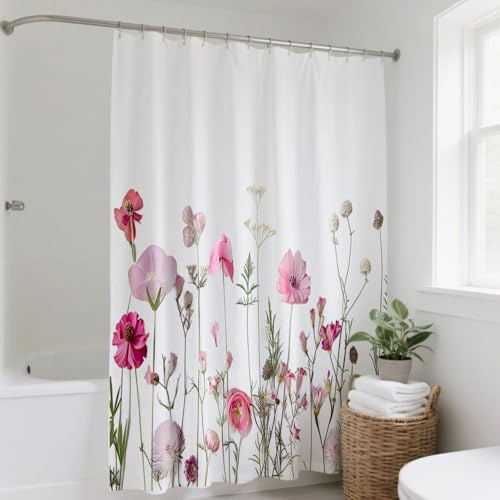 H HOMEWINS Duschvorhang 180x200 cm Polyester Textil mit Muster, Waschbar und Schimmelresistant, Wasserdicht und Schnell Trocknend, Badevorhang mit 12 Duschvorhangringe - Frühlingsblumen