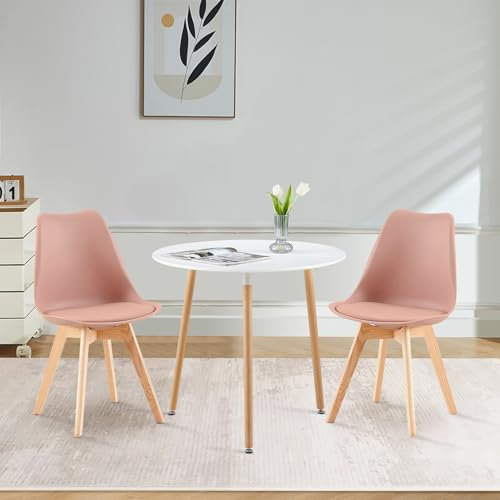 LafeuR Esstisch mit 2 Stühlen Essgruppen, Esszimmergruppe 80cm Runder Küchentisch und Esszimmerstühle Möbelsets für Wohnzimmer Büro Küche(Weiß Tisch+2 Rosa Stühle)