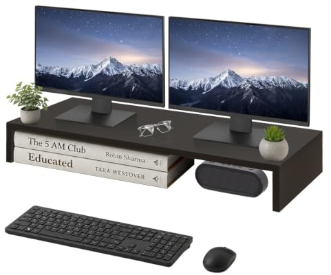 Awhtixbo Monitorständer Holz, ergonomische Monitorerhöhung für Schreibtisch, passend für PC, Laptop und TV, belastbar bis 20kg, 85x35x12cm, schwarz