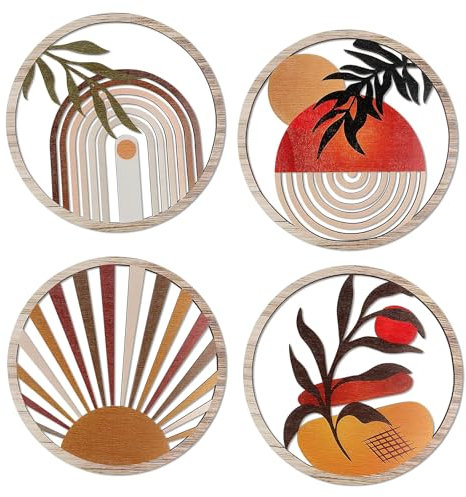 Weskjer Decorative Round Hollow Wall Hanging, 4pcs Boho Wall Art Decor, Minimalist Sign Hanging Botanical Geometric Artwork Abstract Plants Wall Art for Bedroom Living Room Office 7.9x7.9 inch