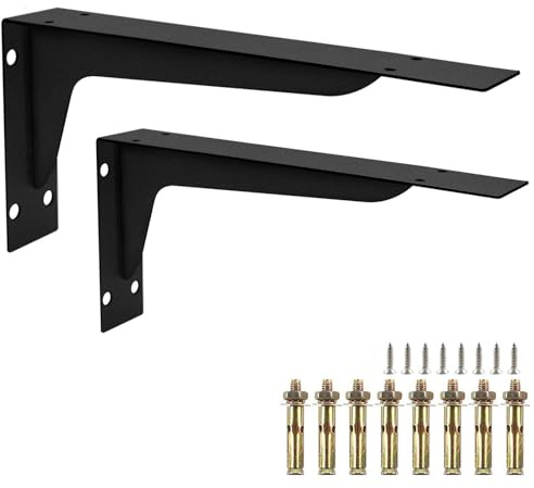 Set di 2 robusti supporti per mensole in ferro nero da 35,6 cm di lunghezza con fissaggi a parete – Supporti per mensole da parete in metallo per garage, ripiani da cucina, mensole, lavanderie, assi