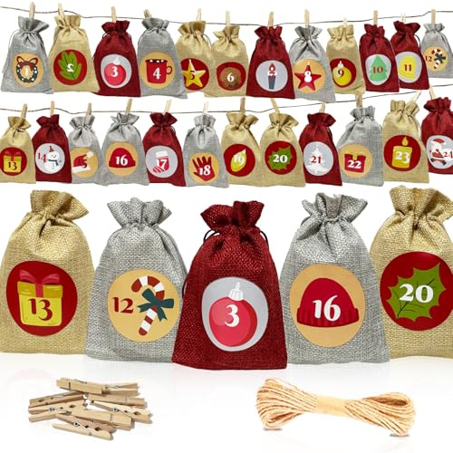 IBOPUXIU 2025 Calendario Adviento, 24 Números Calendario Adviento Para Rellenar, Pegatinas con Números, Pinzas de Madera, Cordel de Yute, Bolsas de Regalo para Manualidades y Regalar a los Niños