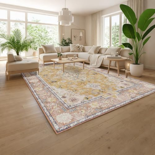 HiChiclife Tapis Persan Jaune 200x300 cm, Tapis Vintage Oriental, Lavable & Antidérapant, Tapis Salon Classique pour Chambre et Couloir