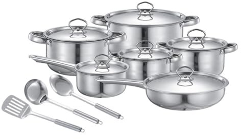 Juego de ollas y sartenes de 15 piezas de construcción práctica con agarre en caliente, juego de utensilios de cocina profesionales de acero inoxidable para hervir varios tamaños de utensilios de