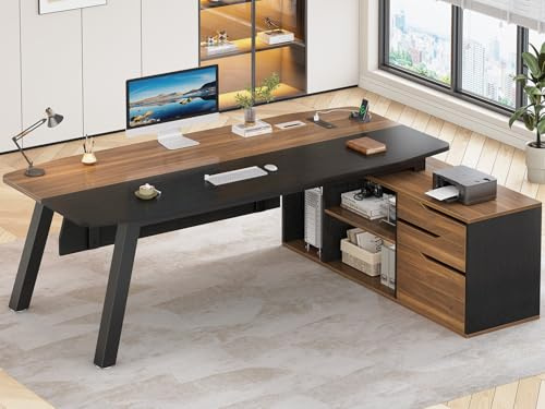 SEDETA 71 Executive Desk with File Cabinet, Large Office Desk with Drawers and Shelves, L Shaped Computer Desk with Power Outlets, Business Furniture Desk Workstation for Home Office, Walnut