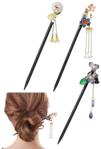 BEAMARKER 3 Pieza de 3 Estilos de Palillos para el Cabello con Diseño Floral Retro Chino, Palillos para el Cabello con Flores Clásicas Japonesas, Horquillas de Madera con Borlas Vintage, Accesori