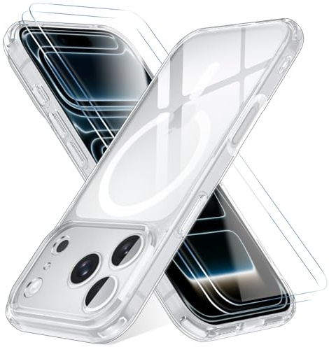 YeaVoic Magnetiskt fodral för iPhone 17 Pro 2 delar härdat glas skärmskydd, kompatibelt med MagSafe, Stötsäker anti-gulning mobilfodral, ultratunt mjukt silikon transparent