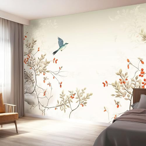 Carta da Parati Fotografica 150 x 105 cm - Orientale Tradizionale Fiori Uccelli Dipinti Carta da Parati per Grande TV Sfondo Decorazione, Albicocca Murales in Tessuto Non Tessuto per Camera da Letto