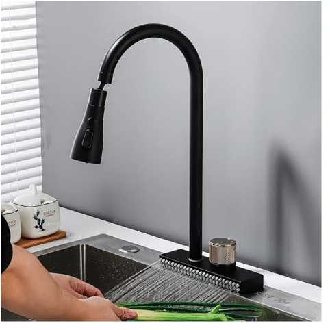 Ornaments Big Waterfall Black Kitchen Cold Hot Brass Single Hole Tap with Temperature Scale 2 Ways Water Outlet Can Rotate s Sculpture ，Black-Hose Size 916