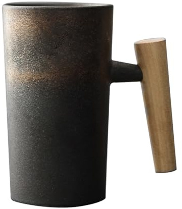 Tasses à café en grès, tasse à café avec poignée en bois 220 ml, tasses ergonomiques exquises en grès vintage, tasse en céramique pour la maison, le bureau, le thé, les boissons, l'eau, couleur émail
