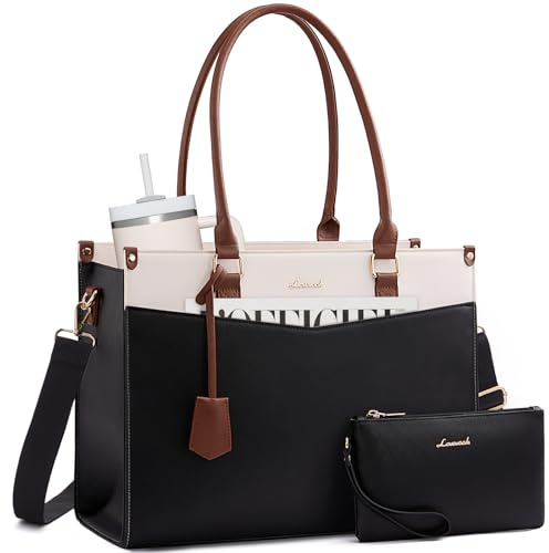LOVEVOOK Laptopväska dam, elegant handväska, affärsväska, Svart + beige + brun, 15,6 Zoll, Minimal | PU-läder lärarväska med handväska, shoppingväska, arbetsväska, skolväska för universitetet, skola