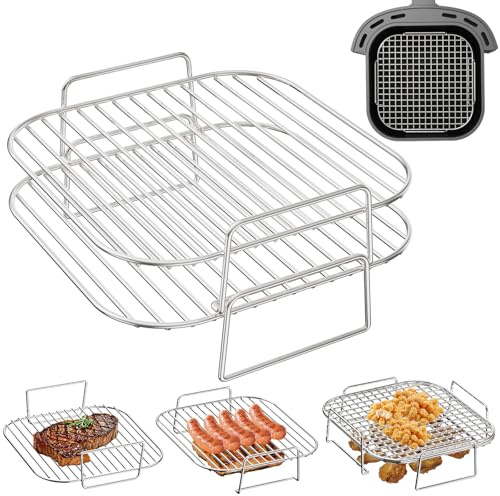 HONYAO Rejilla para Freidora de Aire, 2 piezas Apilable Acero Inoxidable Accesorios Air Fryer para Cecotec 5,5/6/6,5/8/8,5L, Cosori 5,5/5,7/6/6,2/6,4L, Philips 6,2L, otros Cestos Cuadrados 5,5-8,3L