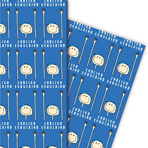 Lustiges Einschulungs Geschenkpapier Set (4 Bogen) | Dekorpapier mit Kindern Endlich Schulkind , blau, für tolle Geschenk Verpackung zur Geburt, Geburtstag, Hochzeit, Weihnachten etc 32 x 48cm