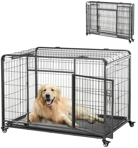 PawHut Jaula para Perros Grandes Plegable de Metal con Ruedas 125x76x81 cm