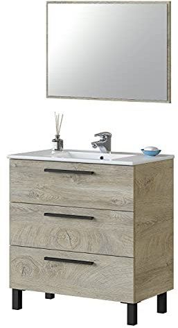 Habitdesign Mueble de Baño con 3 Cajones y Espejo, Modulo Lavabo, Modelo Athena, Acabado en Roble Alaska, Medidas: 80 cm (Ancho) x 86 cm (Alto) x 45 cm (Fondo)