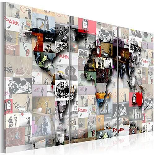 B&D XXL - Akustikbild BANKSY Weltkarte Bilder Akustikschaum Hochleistungsschallabsorber Schallschutz Leinwand 3 tlg Wandbild Raumakustik Schalldämmung k-C-0057-b-f
