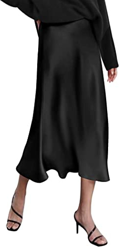 Zeagoo Skirts Work Black High Waist Skirts for Women Midi Length Party Silk Skirt