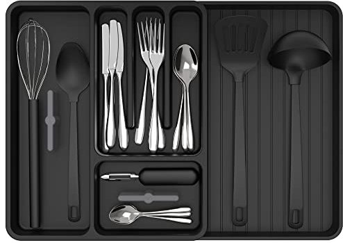 MR.SIGA erweiterbarer Besteckkasten für Schubladen, Utensilienhalter Küche, verstellbarer Besteck Organizer Für Besteck Küchenhelfer und Kochzubehör, Schwarz