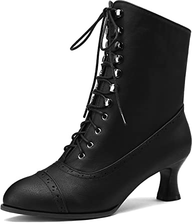HavueGatue Viktorianische Stiefel Damen Stiefeletten Zum Schnüren Mit Absatz Spitz Stiefeletten Reißverschluss Schwarz Größenangabe 39