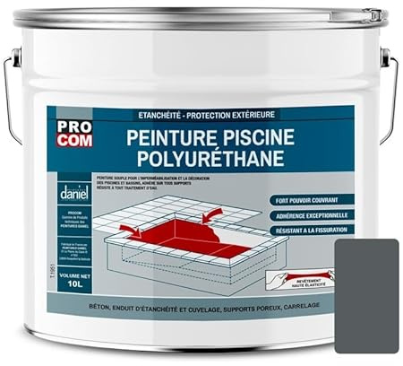 PRO COM Peinture piscine béton, peinture polyuréthane pour piscine et bassin, étanche et souple, béton, enduit, ciment 10 litres