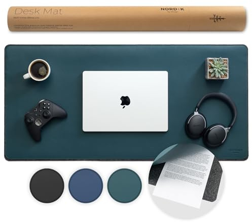 Nordik Schreibtischunterlage aus Filz und Leder – Dunkelgrün – 89 x 43 cm – Schreibtischunterlage aus Filz und veganem Leder mit Dokumentenfach – Große Computerunterlage für Schreibtisch und Tastatur