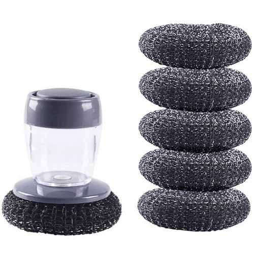 Soap Dispense Palm Scrub dishwashing Kitchen Scrubber Press Automatic Liquid wash Pot (Steel Wire)